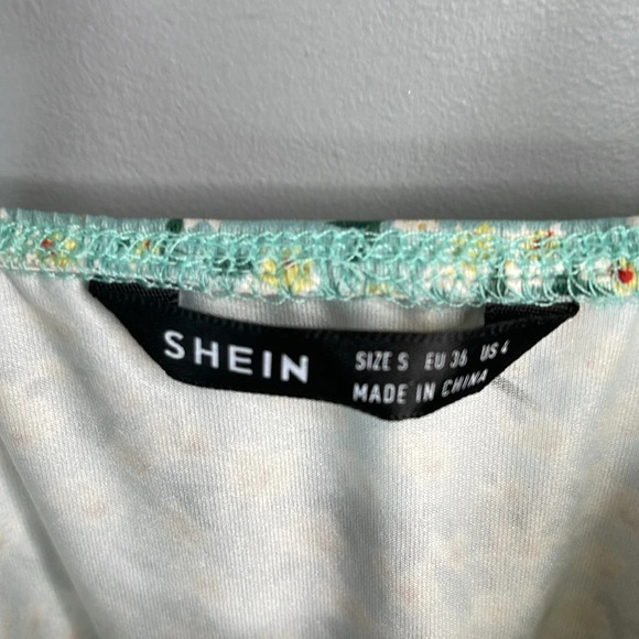 SHEIN Ditsy Floral Ruched Dress Light Teal Cutout Drawstrings Tied Spaghetti S - Picture 11 of 15